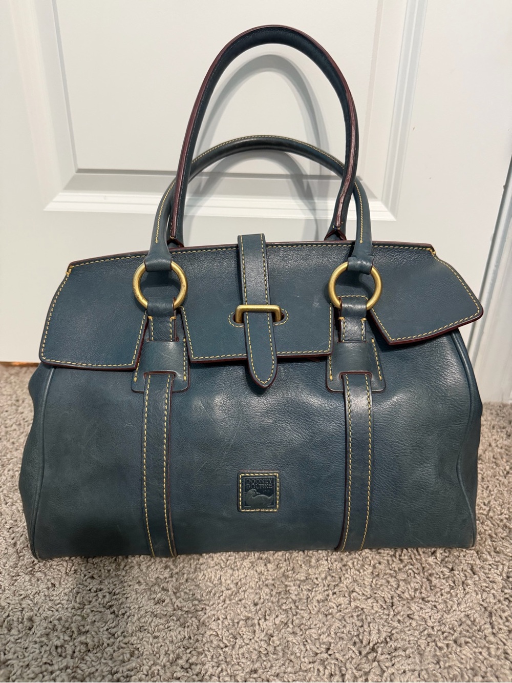 Dooney & Bourke Teal Leather Top-Handle Satchel with Gold Hardware